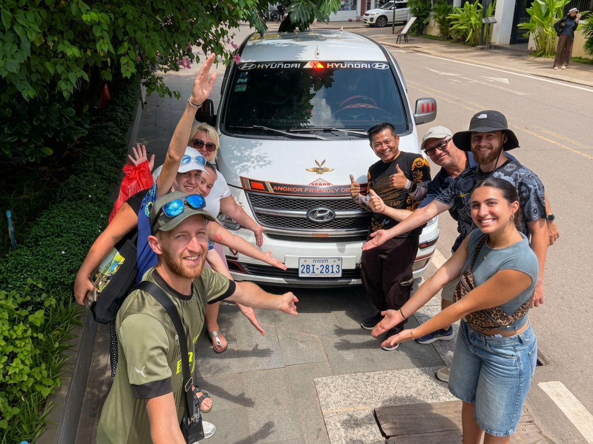 Group of happy tourists posing in front of a private Hyundai tour van with their local Cambodian driver in Siem Reap